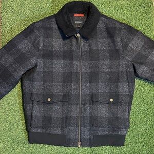 NWOT Bonobos Men's Wool Sherpa Plaid Dark Gray Black Checkered Bomber Jacket